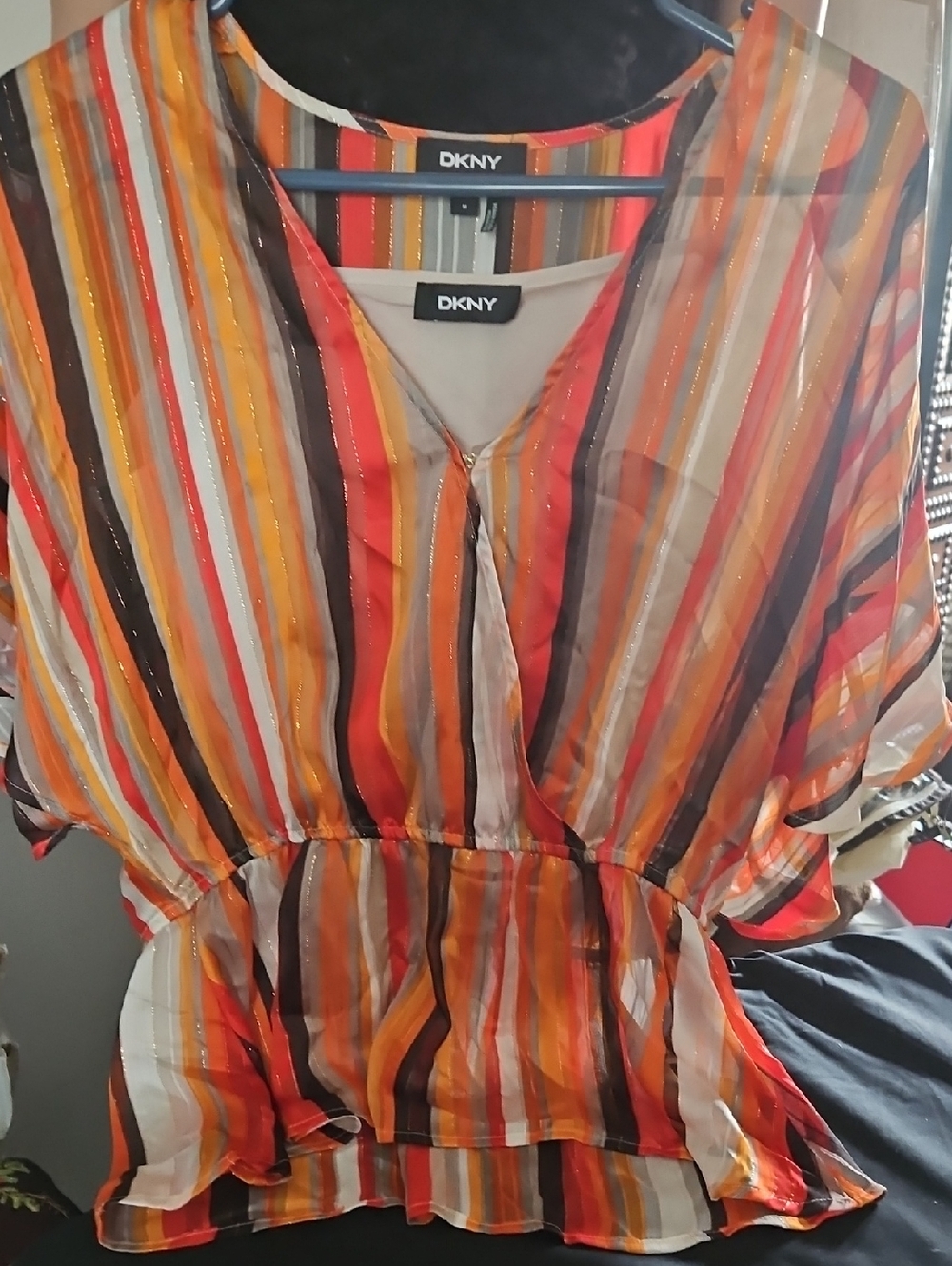 DKNY Orange, Yellow and Black Striped  Sleeve Peplum Blouse